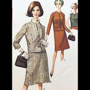 May include: Vintage fashion illustration featuring three women in stylish outfits. The central figure models a two-piece suit with a textured, light-colored pattern. The other figures showcase a brown suit and a patterned top. The image evokes a retro aesthetic.