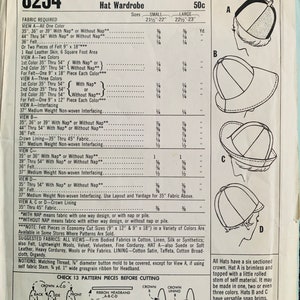 May include: A vintage sewing pattern for a hat wardrobe. The pattern includes instructions for making six different styles of hats, including a brimless hat, a hat with a snap brim, and a jockey cap. The pattern is for sizes small, medium, and large. The pattern is from McCall's and is dated 1966.