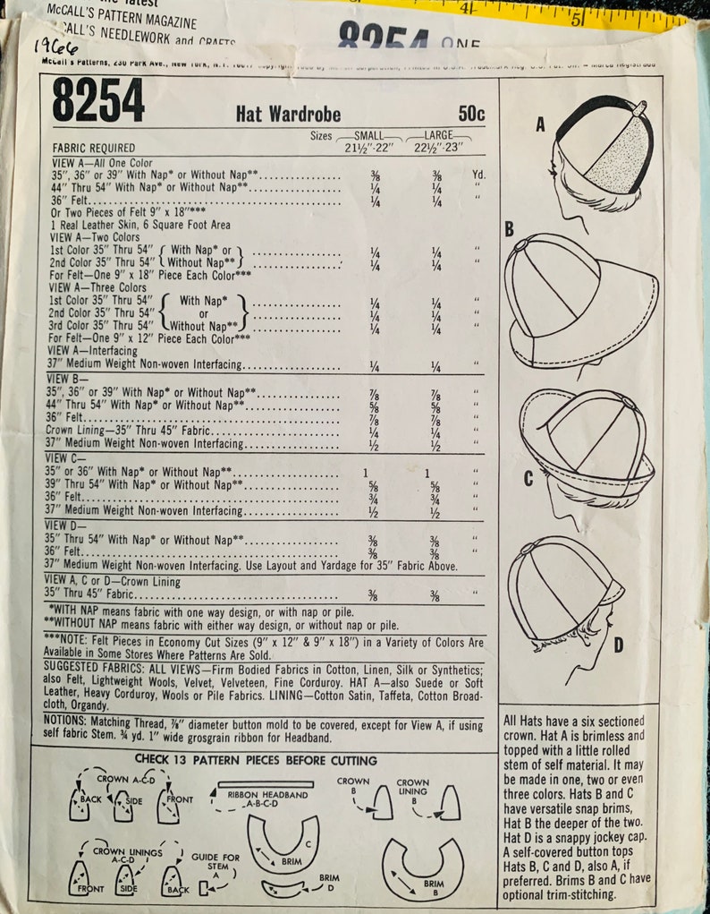 May include: A vintage sewing pattern for a hat wardrobe. The pattern includes instructions for making six different styles of hats, including a brimless hat, a hat with a snap brim, and a jockey cap. The pattern is for sizes small, medium, and large. The pattern is from McCall's and is dated 1966.