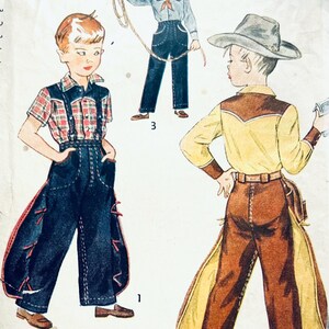 May include: Vintage illustration of three children's cowboy outfits. One child wears a plaid shirt with suspenders and denim chaps. Another holds a lasso, and the third wears a cowboy hat and a yellow and brown outfit.