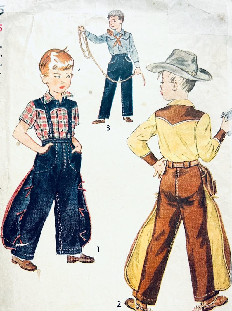 May include: Vintage illustration of three children's cowboy outfits. One child wears a plaid shirt with suspenders and denim chaps. Another holds a lasso, and the third wears a cowboy hat and a yellow and brown outfit.