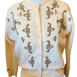 Pin Up Sweater, Beaded Sweater, Sequin Sweater, Vintage 50s Sweater, 1950s Cardigan, Vintage Sweaters for Women, Knit Sweater Vintage