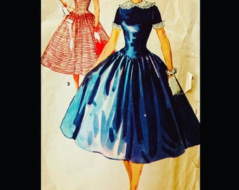 Fit N Flare Dress, 50s Patterns, Basque Waist, Peter Pan Collar, Full Skirt Dress, Cocktail Dress, Vintage Pattern, Simplicity 1414, Bust 31