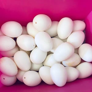 May include: A collection of white, oval-shaped eggs fills a bright pink container. The eggs have a smooth texture and a uniform appearance, suggesting they are a batch of similar products. Some eggs have small holes.