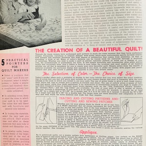 K&ouml;nnte beinhalten: Vintage Zeitschriftenseite &uuml;ber das Quilten, mit einer Frau und einem Kind. Der Text hebt praktische Tipps f&uuml;r Quilter, Farbauswahl und Schnittmuster hervor. Die Seite stammt aus einer Vintage-Zeitschrift.