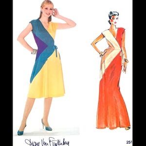 May include: A yellow, blue, and purple wrap dress with a matching tie belt. The dress is sleeveless and has a V-neckline. The image also includes a fashion illustration of a red and white wrap dress. The signature "Diane Von Furstenberg" is at the bottom.