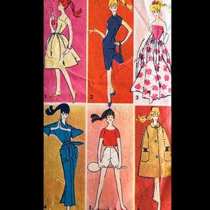 May include: A vintage sewing pattern illustration featuring six numbered fashion designs. The figures display a yellow striped dress, a dark blue sheath dress, a pink floral gown, a blue jumpsuit, a red top with white shorts, and a tan coat.