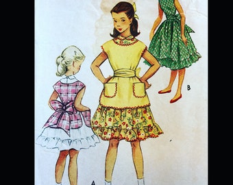 40s Girl's Ruffled Flounce Jumper Pinafore Apron Party Dress Sash Mother Daughter Sewing Pattern McCalls 8956 Size 6