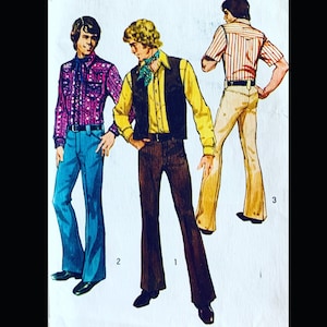 May include: Illustration of three men in 1970s attire. One wears a purple patterned shirt and blue flared jeans. Another has a yellow shirt, black vest, and brown flared pants. The third has a striped shirt and tan flared pants.