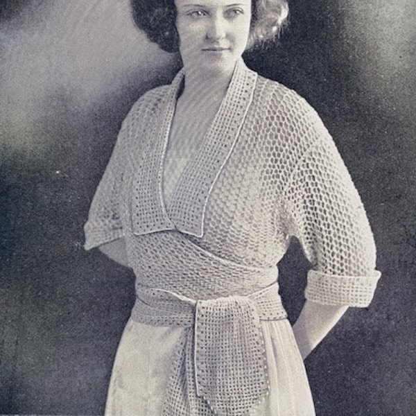 1920s Ladies Sweater with Obi Style Belt Deep V Neckline Square Collar Elbow Length Sleeves Vintage Knitting Pattern Downloadable PDF