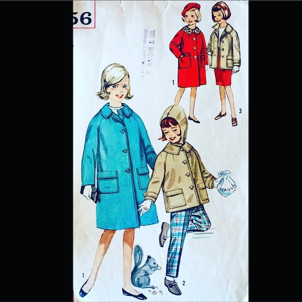 60s Girls' Coat w/ Detachable Hood Button Front Jacket w/ Wide Square Collar Vintage Sewing Pattern 4156 Size 7