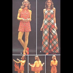 May include: Vintage halter-neck jumpsuit and romper sewing pattern. The jumpsuit features a red, white, and black plaid pattern. The romper has a red floral print. The pattern includes multiple views and instructions for creating the garments.