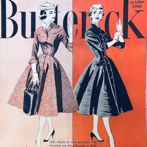 May include: Vintage magazine cover featuring two illustrations of women in dresses. The left figure wears a red and brown dress, holding a black purse. The right figure is in a black dress. The magazine title "Butterick" is at the top, with "October 1955" in the upper right.