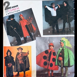 May include: Vintage sewing pattern showing children's Halloween costumes. Costumes include a devil, a ladybug, a dragon, a Robin Hood, and a Zorro-like character. The text reads "2 Hour Express Collection."