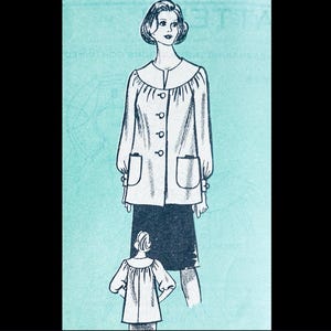 May include: Line drawing of a woman wearing a long-sleeved, button-down coat with two pockets. The coat is white, and the woman is wearing a black skirt. A smaller illustration of the coat is below the woman. The background is a light teal color.