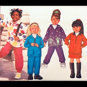 May include: Four children modeling children's clothing. One child wears a floral top and pink pants. Another wears a blue jacket and pants. A third child wears a purple hooded sweatshirt and pants. The last child wears an orange top and skirt.