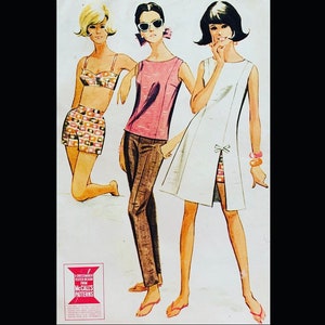 May include: Three women's fashion illustrations. The woman on the left is wearing a white and pink patterned swimsuit with a white top. The woman in the middle is wearing a pink sleeveless top with brown pants. The woman on the right is wearing a white sleeveless dress with a bow detail. The illustration is from McCall's Patterns.