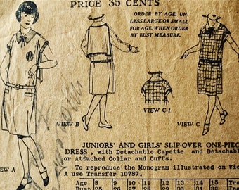 1920s Junior Girls Drop Waist Dress w/ Capette Cap Sleeves Square Collar Vintage Sewing Pattern 5393 Bust 29