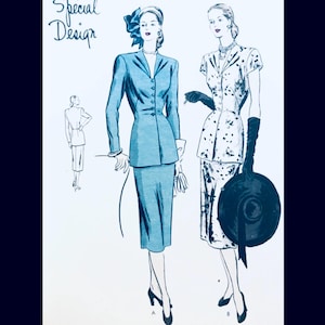 May include: Vintage fashion illustration featuring two women in stylish outfits. One wears a light blue suit with a matching hat, the other a floral print dress. The text "Special Design" is written at the top.
