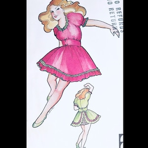 May include: A vintage illustration of two paper dolls wearing dresses. The doll on the left is wearing a pink dress with a green trim and a ruffled hem. The doll on the right is wearing a green dress with a pink trim and a ruffled hem. The text "NO REFUNDS NO RETURNS" is printed on the right side of the image.