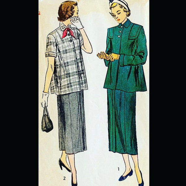 40s Pattern, Maternity Suit, Trapeze Coat, Straight Skirt, Cuffed Sleeves, Maternity Patterns, Maternity Clothes, Simplicity 2689 B32