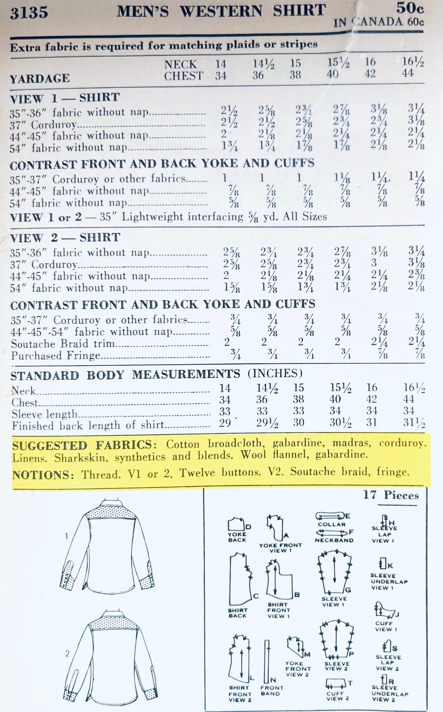 Advance 3135 S, Mens Western Shirt Sewing Pattern, Cowboy Shirt Pattern ...