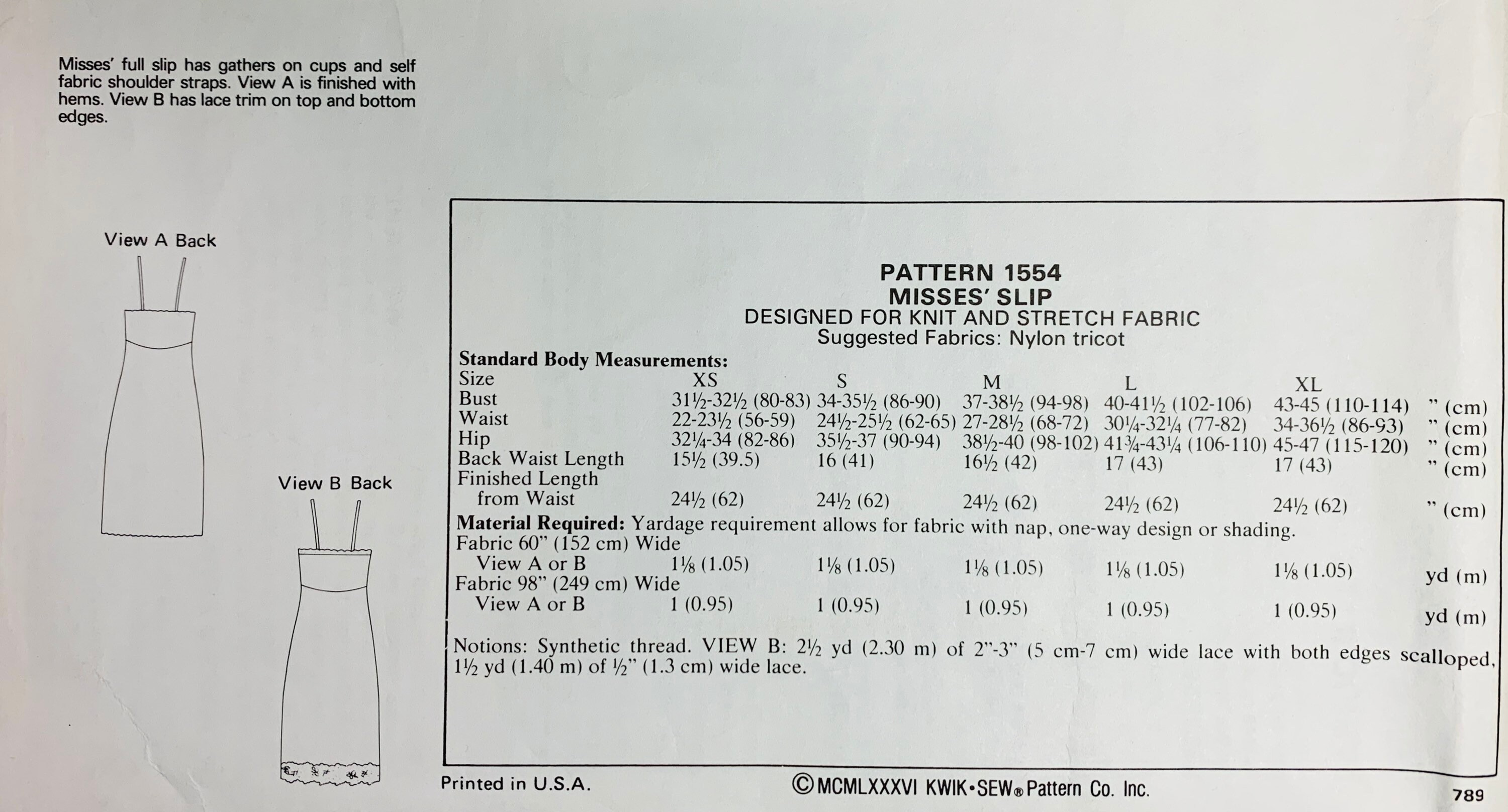 Kwik Sew 1554 Full Slip Pattern for Women Slip Sewing Etsy