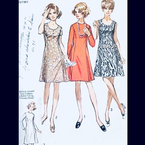 May include: A vintage sewing pattern illustration featuring three dresses: a beige floral print dress, a solid orange long-sleeve dress with a pearl necklace, and a black and white geometric print sleeveless dress, with a bonus chart text included.