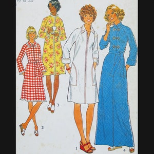 May include: Vintage sewing pattern featuring four women's garments. The designs include a red and white checkered dress, a yellow floral robe, a white zip-up robe, and a blue quilted jumpsuit. The pattern is from the 1970s, showcasing retro fashion.