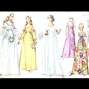 Può includere: Illustrazione di cinque modelli di abiti da sposa vintage. Gli abiti sono in vari stili e colori, tra cui bianco, giallo e stampe floreali. Ogni modello presenta uno scollo, uno stile di manica e una silhouette diversi, con un'estetica retrò.