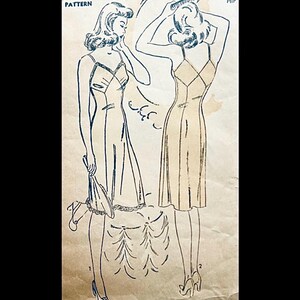 May include: Vintage sewing pattern illustration featuring a woman in a slip dress. The drawing shows the front and back views of the dress, with delicate straps and lace detailing. The pattern is on aged paper.