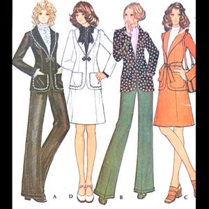 May include: Illustration of four women's fashion outfits from the 1970s. The outfits include a black suit with white trim, a white suit with a black bow, a black and white patterned jacket with green pants, and an orange suit with a belt.