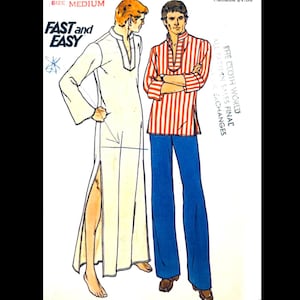May include: Vintage sewing pattern illustration featuring two figures. One wears a white tunic with a slit, the other a red and white striped shirt and blue pants. Text reads "FAST and EASY" and "THE CLOTH WORLD".