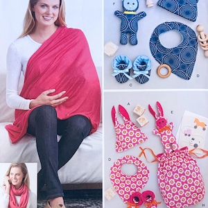 May include: A woman wearing a red nursing cover. The image also shows baby items: a blue owl toy, bib, booties, and a pink floral bunny toy, bag, and teether. The items are arranged on a light background.