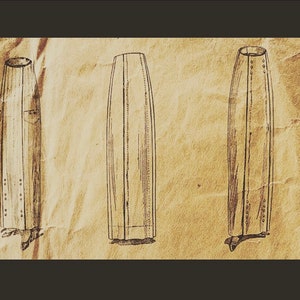 May include: Three vintage illustrations of skirts with different styles and details. The skirts are drawn in black ink on a brown paper background.