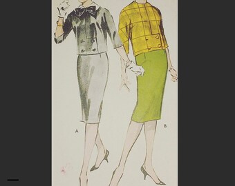 Vintage 50s Boxy Double Breasted Bow Trim Collarless Suit Jacket Pencil Skirt Sewing Pattern Butterick 8714 B33