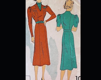 30s Slit Neckline Day Dress w/ Princess Seams Puff Sleeves w/ Length Option Panelled Skirt Vintage Sewing Pattern 1863 B34