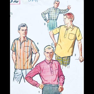 May include: A vintage sewing pattern illustration featuring four shirts. One is a long-sleeved green plaid shirt, one is a short-sleeved yellow polo, one is a short-sleeved orange striped shirt, and one is a long-sleeved red gingham shirt.