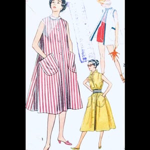May include: A vintage sewing pattern illustration featuring three garments: a sleeveless red and white striped dress with a round collar and large patch pockets, a yellow sleeveless dress with a button front and pockets, and a white sleeveless jacket.