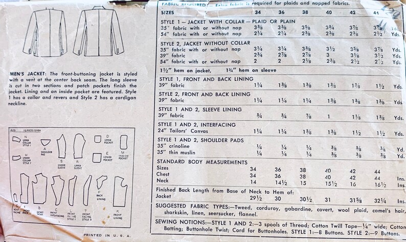 50s Men/'s Sport Coat Suit Jacket Notched Collar Pockets Vintage Sewing Pattern 2251 36