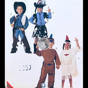 May include: A sewing pattern illustration featuring four costumes: a cowboy outfit with chaps and hat, a cowgirl outfit with a vest and skirt, a brown fringed outfit with a blue bird emblem, and a white fringed tunic with a red bird emblem.