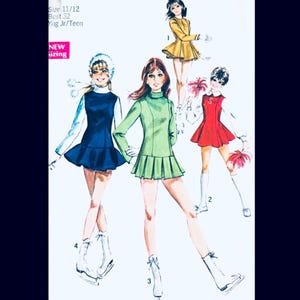 May include: A sewing pattern illustration featuring four figures wearing short dresses with long sleeves and high necklines. The text reads Size 11/12, Bust 32, Young Jr/Teen, and NEW SIZING. The outfits include a blue dress, a green dress, a yellow dress, and a red dress with white pom-poms.