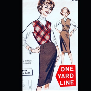 May include: A vintage sewing pattern illustration featuring two women wearing dresses. The woman on the left is wearing a red and white plaid vest over a white blouse and a brown skirt. The woman on the right is wearing a brown sleeveless dress with a white blouse underneath. The text "One Yard Line" is printed in red on a white background.