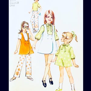 May include: A sewing pattern illustration for children's clothing featuring four figures. The text reads Size 4 Breast 23 Child. The outfits include a yellow top with floral pants, an orange vest with floral pants, a white dress with a green blouse, and a green floral dress.