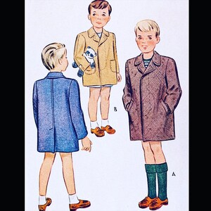 May include: Three boys wearing different coats. The boy on the left is wearing a blue coat, the boy in the middle is wearing a tan coat with a teddy bear in his pocket, and the boy on the right is wearing a brown coat. The boy on the right is labeled 'A' and the boy in the middle is labeled 'B'.