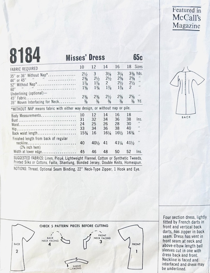 McCalls 8184 38, Bell Sleeve Dress Pattern, Plus Size Sewing Patterns, A Line Dress Pattern, Easy Pattern Dress, Simple Dress Sewing Pattern image 2