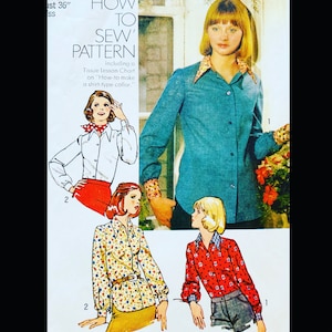 Puede incluir: Una ilustración vintage de patrón de costura con tres mujeres que llevan diferentes estilos de blusas. El patrón incluye instrucciones sobre cómo coser un cuello de camisa. El texto en el patrón dice "How to Sew' Pattern Including a Tissue Lesson Chart on 'How-to make a shirt-type collar."