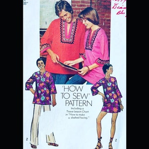 May include: A vintage sewing pattern featuring three people wearing colourful, patterned shirts. The pattern is titled 'How to Sew' and includes a tissue lesson chart on how to make a slashed facing.
