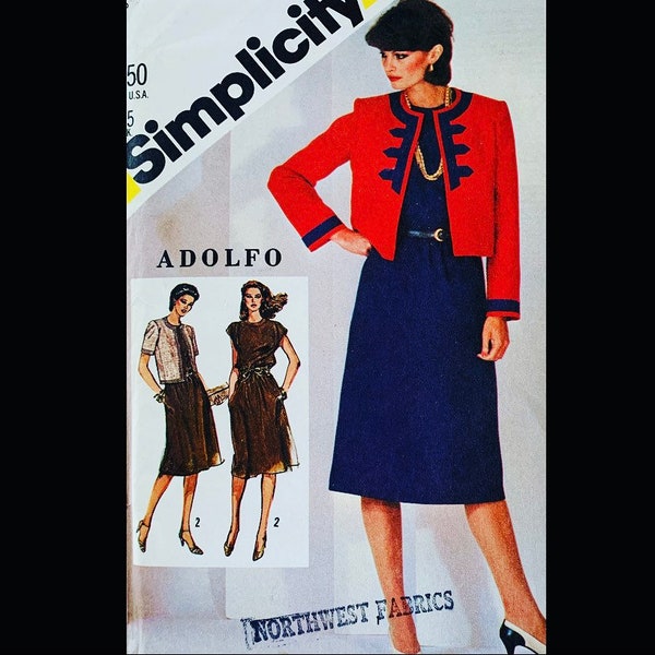 80s Ladies Sheath Dress & Jacket Workwear Appliqued Blazer Blouson Dresses Adolfo Designer Vintage Sewing Pattern Simplicity 5486 B36