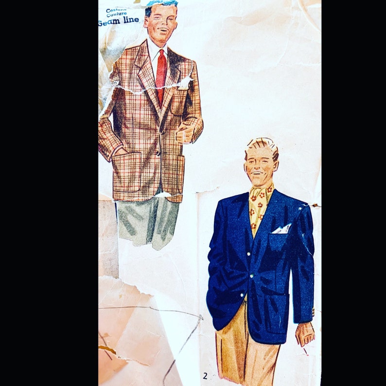 50s Men/'s Sport Coat Suit Jacket Notched Collar Pockets Vintage Sewing Pattern 2251 36